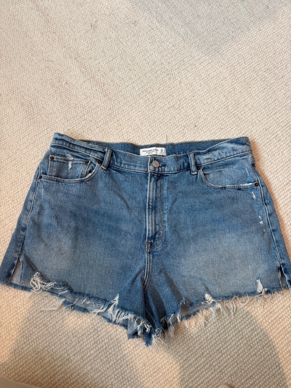 Abercrombie & Fitch Mom Fit High Rise Distressed Blue Denim Cutoff Shorts